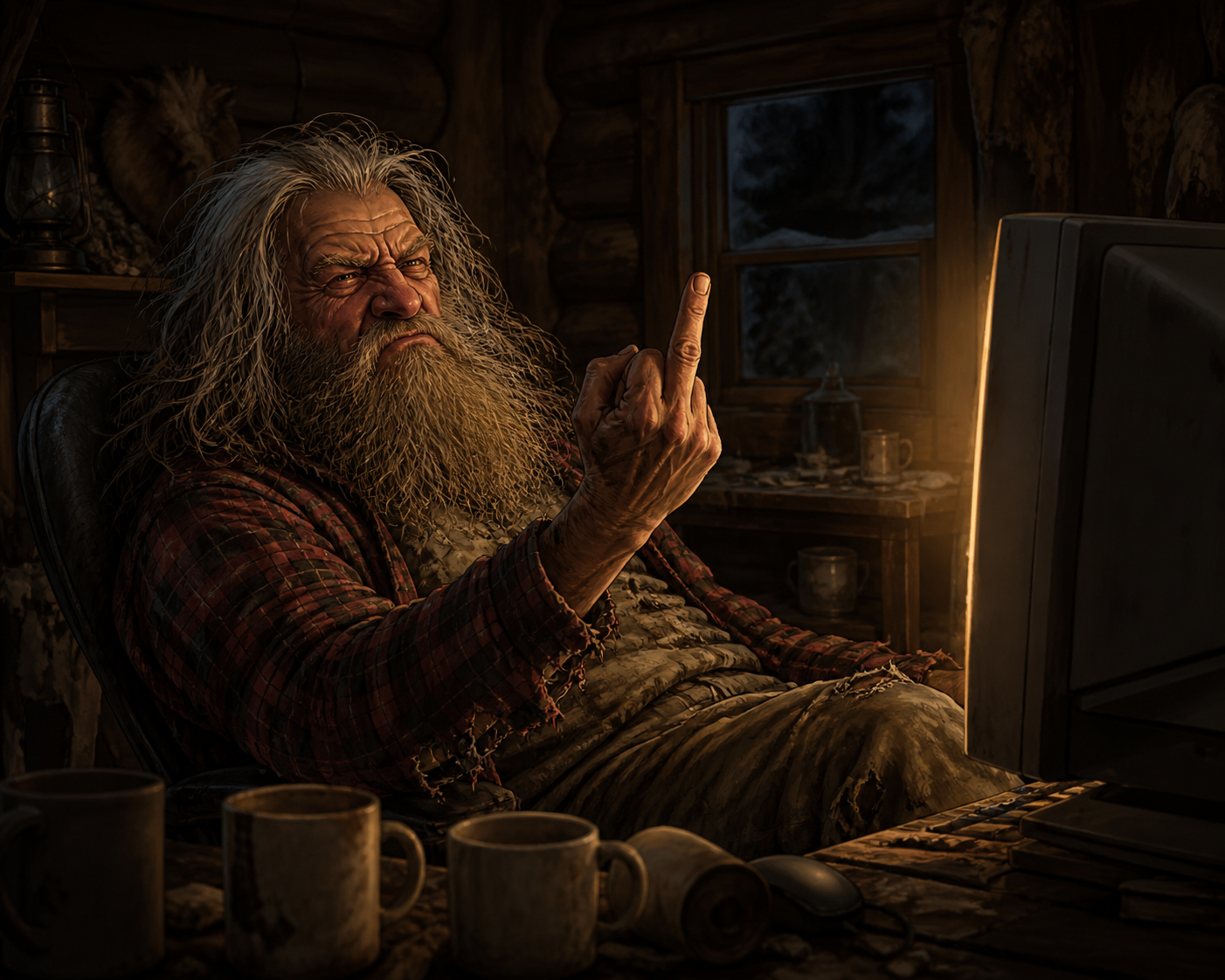 Grumpy mountain man flipping off his computer